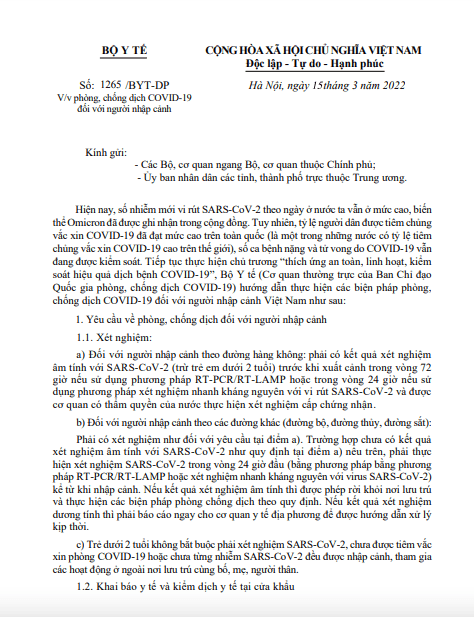 ข้อกำหนดการเดินทางเข้ามาในเวียดนาม ตั้งแต่วันที่ 15/3/2565